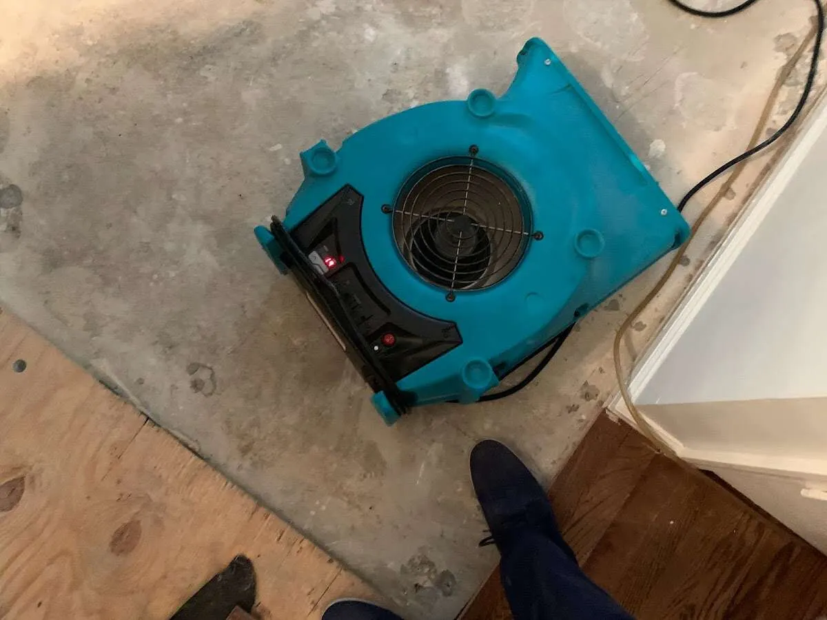Air mover drying subfloor during Commercial Water Damage Restoration in Rainbow City